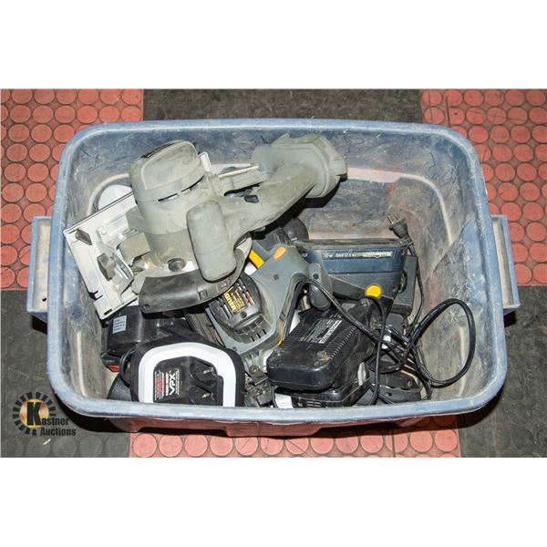 TOTE OF ASSORTED TOOLS AND BATTERIES