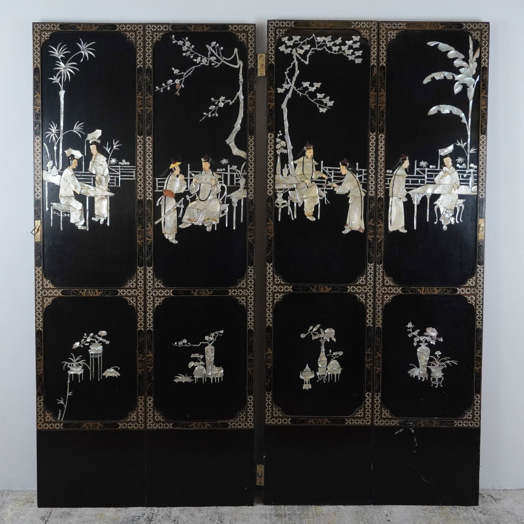 Chinese Lacquered Four-Panel Screen Mother-of-Pearl Inlay