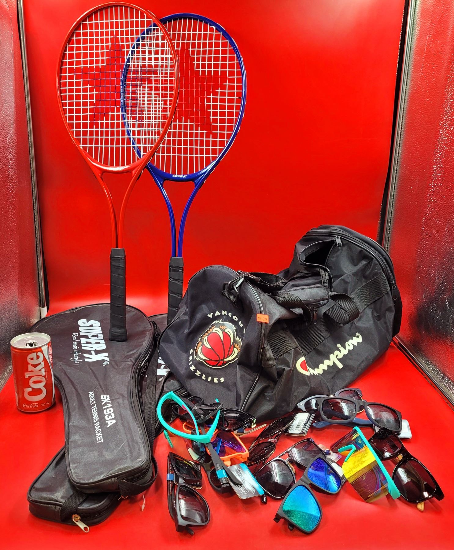 Champion Tennis Racket 2 Tennis Rackets, Champion Bag, & Assorted Sunglasses