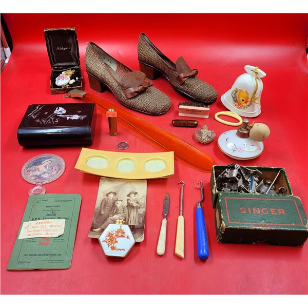 VTG Lot Including Picture, Ladies Shoes & Singer Accessories