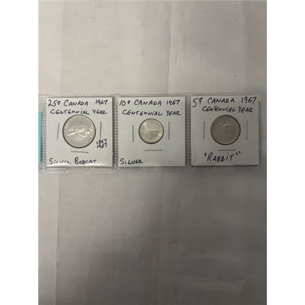 3 1967 CANADIAN CENTENNIAL COINS SILVER 25 CENT AND 10 CENT PLUS 5 CENT RABBIT