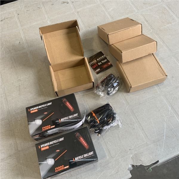 2 NEW BIKE LIGHTS WITH 120DB HORN AND 4 NEW 1200 LUMEN BIKE LIGHTS