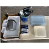 Image 1 : TRAY OF BLOOD PRESSURE MONITOR, DISH DRYING RACK, CANUCKS WASTE BIN, SKATES AND MORE