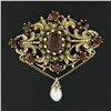 Image 2 : Vintage 14k Gold 4 ctw Round Oval Garnet Open Work Pearl Dangle Pin Brooch Penda