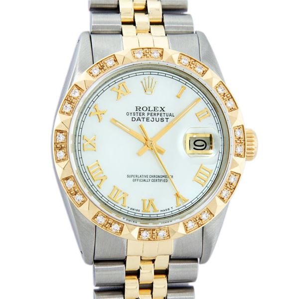 Rolex Mens Two Tone White Roman Pyramid Diamond Bezel Datejust Wristwatch 36MM