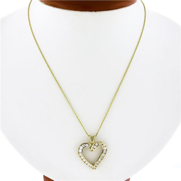 Classic 14K Gold 1 ctw Round Brilliant Diamond Channel Open Heart Pendant & Chai