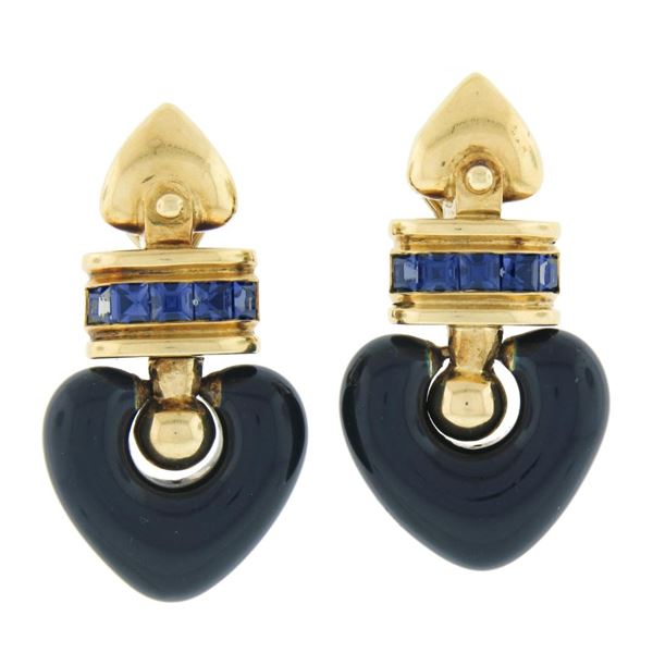 La Nouvelle Bague 18k Gold 1 ctw Tanzanite Blue Enamel Heart Drop Dangle Earring