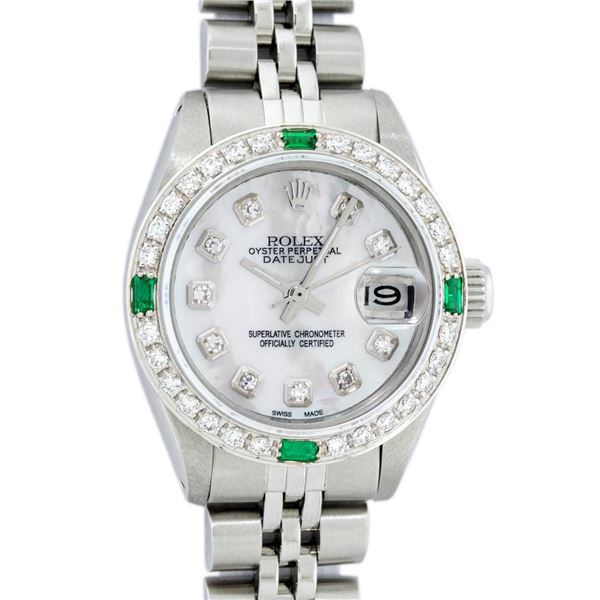 Rolex Ladies Quickset Stainless Steel White Diamond And Emerald 26MM Datejust Wr