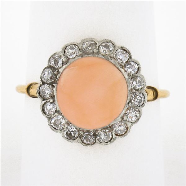 Antique Edwardian 18K Gold Platinum Button Angel Skin Coral w/ Diamond Halo Ring