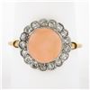 Image 1 : Antique Edwardian 18K Gold Platinum Button Angel Skin Coral w/ Diamond Halo Ring