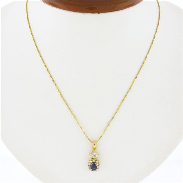 14K Gold 0.85 ctw Sapphire & Diamond Halo Cluster Dangle Pendant w/ 20" Box Chai