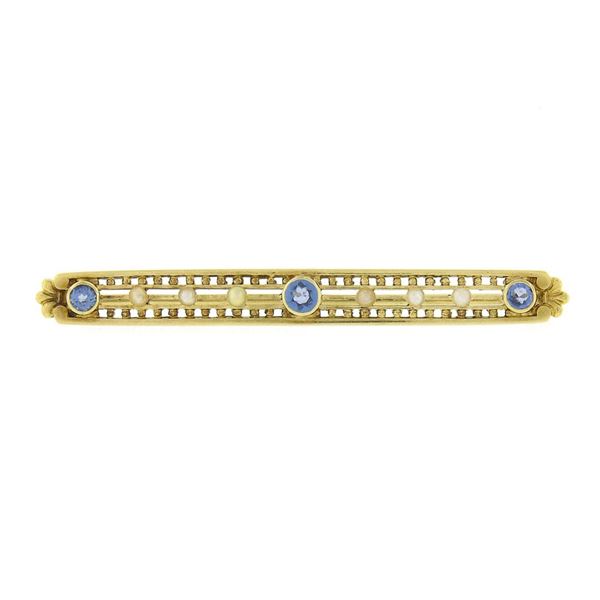 Antique 14k Yellow Gold Bezel Sapphire Seed Pearl Bead Open Work Bar Pin Brooch