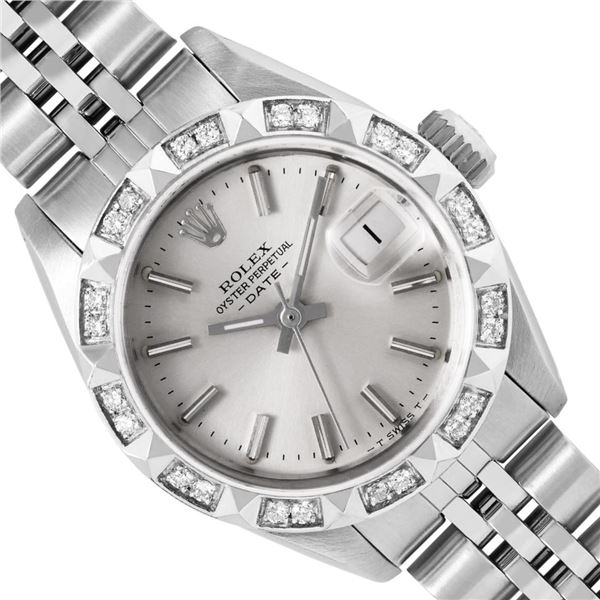 Rolex Ladies Stainless Steel Silver Index Pyramid Diamond Bezel Date Watch