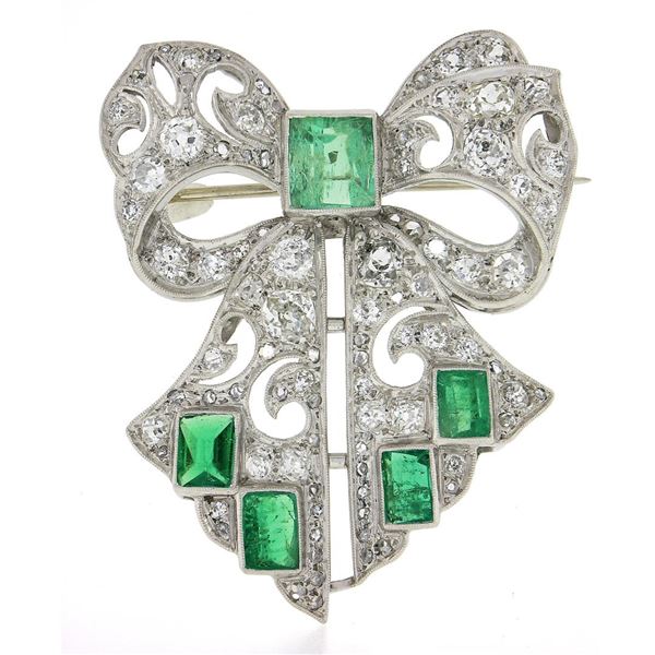 Antique Art Deco Platinum Old Cut Diamond & Emerald Large Ribbon Bow Pin Brooch