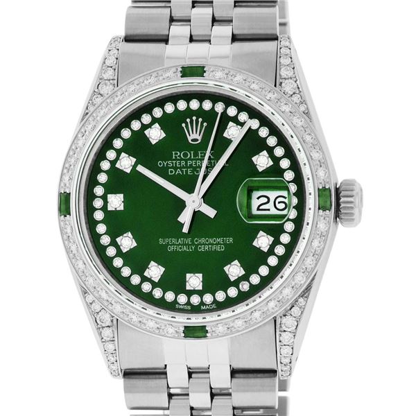 Rolex Mens Stainless Steel Green Diamond Lugs And Emerald Datejust Wristwatch
