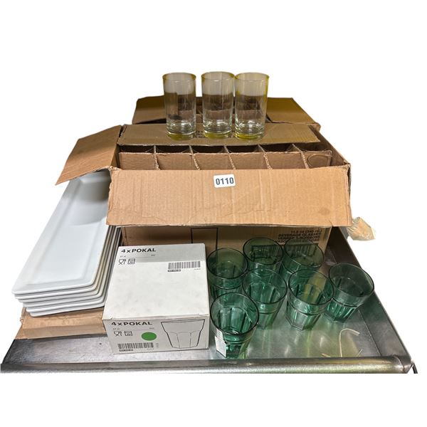 Large group of assorted glasses, drink glasses, serving plates