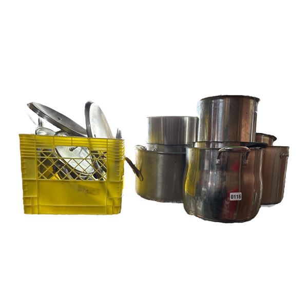 Shelf lot full of stainless steel sauce pots & crate full of assorted lids