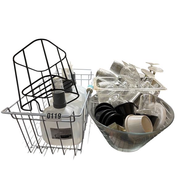 Group of items(Wine glasses, sauce bowls, hand sanitizer