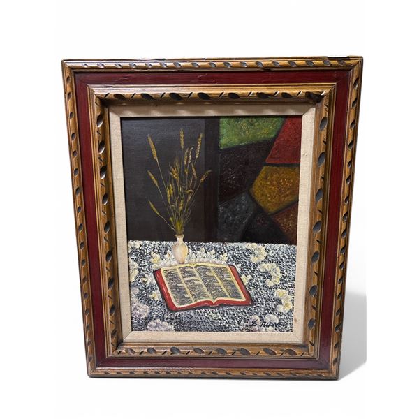 Vintage frame Painting on board "Book vase" signed by artist Turner -approx. 21.5 inch x 25.5 inch f