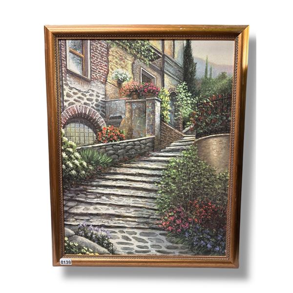 Framed "Floral Stairway" painting on board signed by artist from estate -approx. 31.5 inch x 25 inch