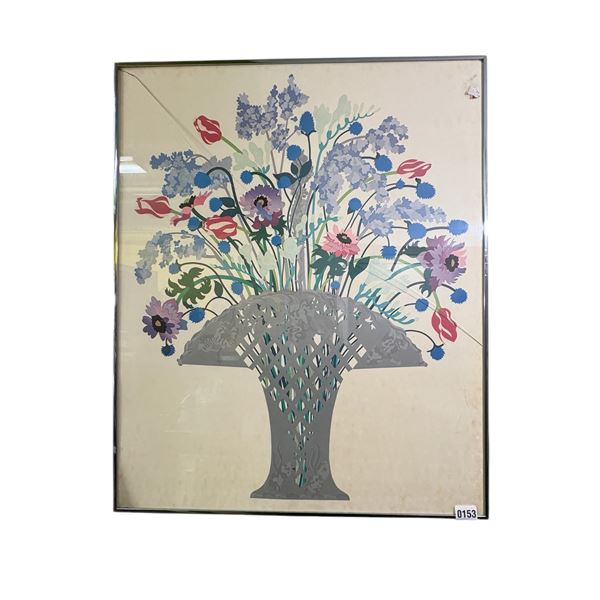 Framed Floral way print from estate - approx. 27 inch x 33 inch (Front plastic cracked)