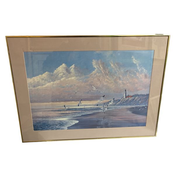 Framed Birds flying on Ocean print signed by artist August Holland from estate -approx. 28.5 inch x 