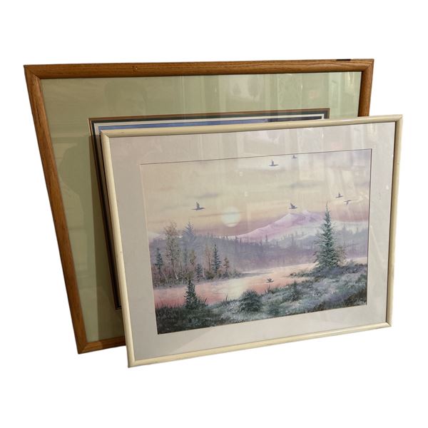 2PC wall hangings -framed 1987 Schock signed print -approx. 32 inch x 28 inch & framed "Lake view" p