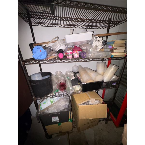 3 shelves full of mis. kitchenware includes disposable cups, lids, recipe books etc.