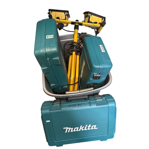 Tote with contents - 3PC empty Makita tool boxes, work lights etc.