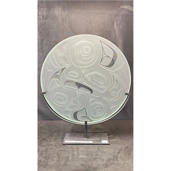 "EAGLE" APPROX 20" PANEL IN GLASS ABOVE PAINTED STEEL BASE BY HENRY REECE (TSIMSHIAN)