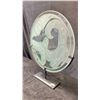 Image 2 : "WOLF HOWLING AT THE MOON" APPROX 20" PANEL IN GLASS ABOVE PAINTED STEEL BASE BY HENRY REECE