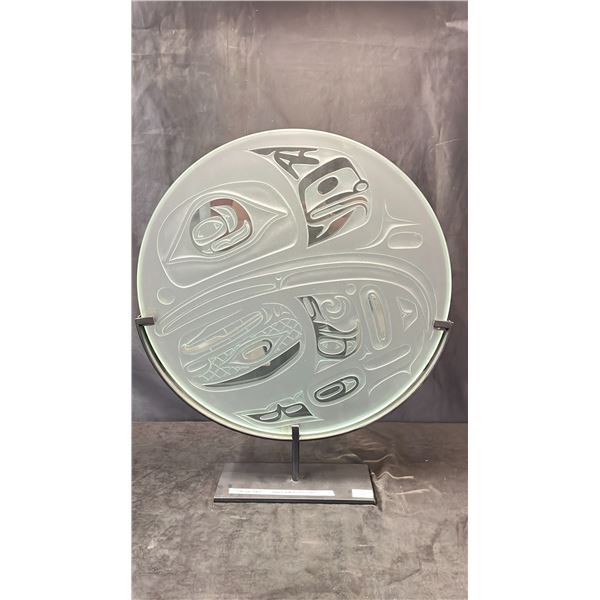 "TSIMSHIAN EAGLE" APPROX 20" PANEL IN GLASS ABOVE PAINTED STEEL BASE BY HENRY REECE (TSIMSHIAN)