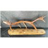 Image 2 : HAND CARVED FIRST NATIONS WOLF CARVED INTO ELK ANTLER ON CEDAR BASE BY CREE ARTIST DUANO GOULET