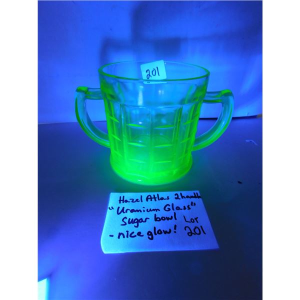 URANIUM GLASS, HAZEL ATLAS TWO HANDLE GLASS SUGAR BOWL