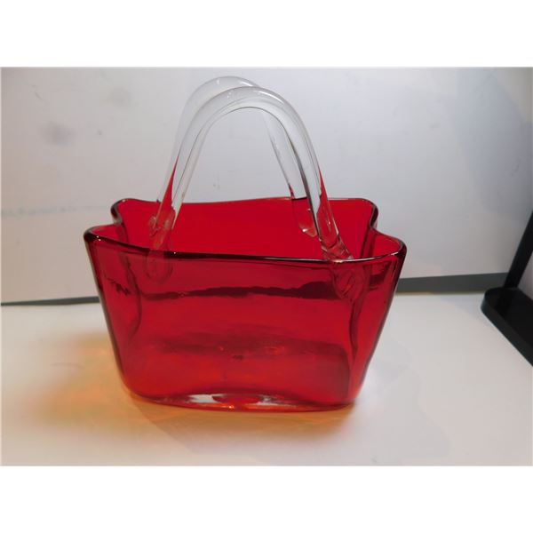 VINTAGE HAND BLOWN ART GLASS RUBY RED HANDBAG