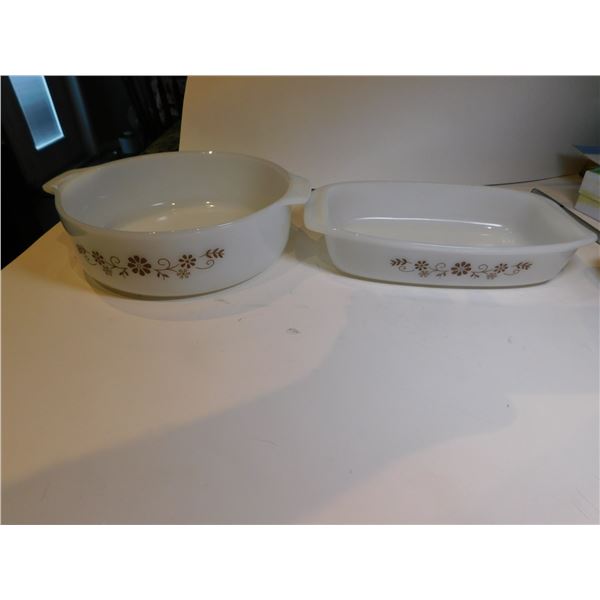 2 DYNAWRE PYR-O-REY MILK GLASS CASSEROLE DISHES