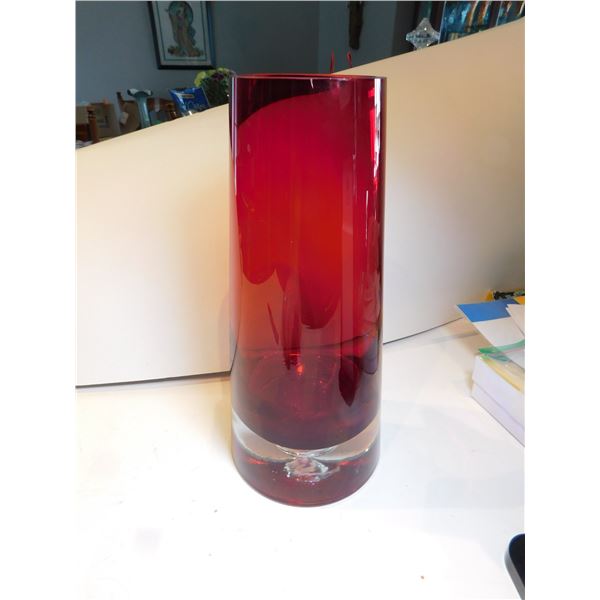 LARGE RED AND CLEAR FLOATING BUBBLE HEAVY GLASS VASE