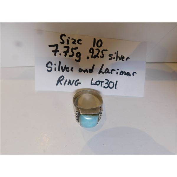 SIZE 10 SILVER AND LARIMAR RING
