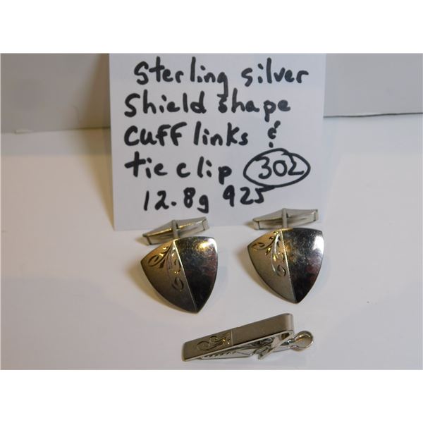STERLING SHIELD SHAPE CUFFLINKS AND TIE CLIP