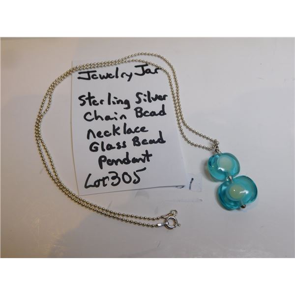 STERLING SILVER BEAD CHAIN AND GLASS PENDANT