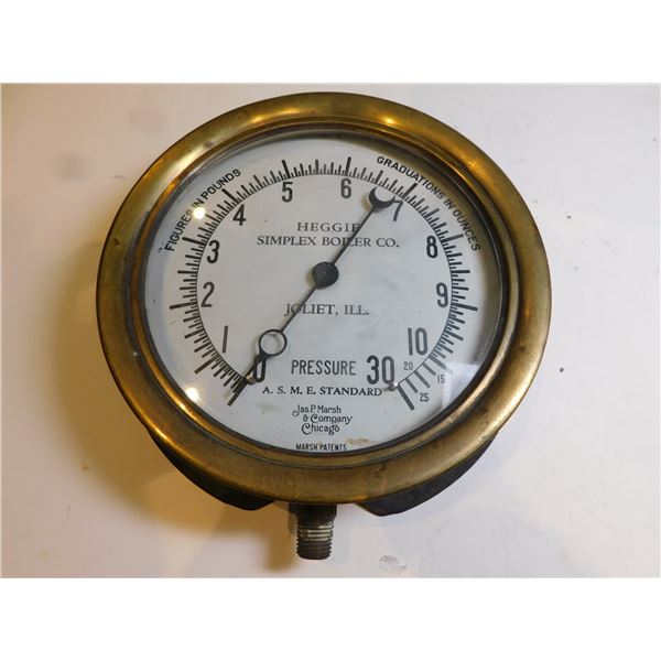 7 ¼ “BRASS HEGGIE SIMPLEX BOILER COMPANY PRESSURE GAUGE