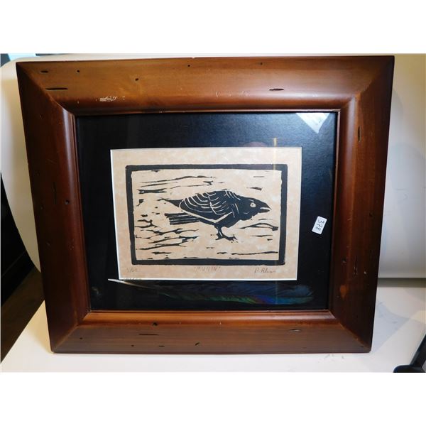 FRAMED PAT BLISS RAVEN ART PRINT 3 OF 25, TITLED MUNIN, INCLUDES FEATHER