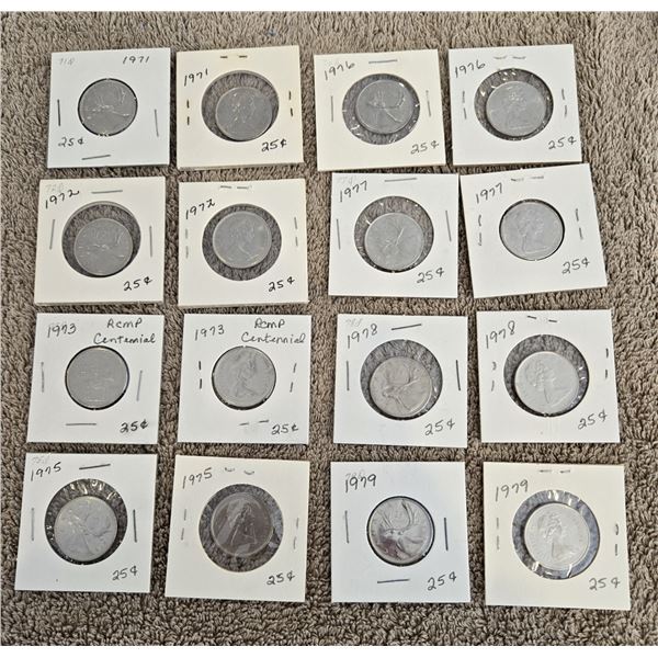 Lot of 16 Canada quarters. 1971-1973, 1975-1979. 2 coins per year