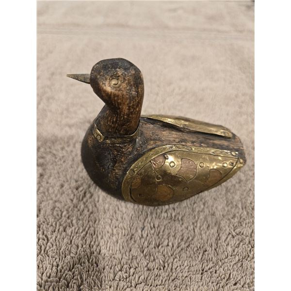 Vintage handcrafted wooden duck figurine with bronze, brass and copper hardware.  3" tall, 4" across