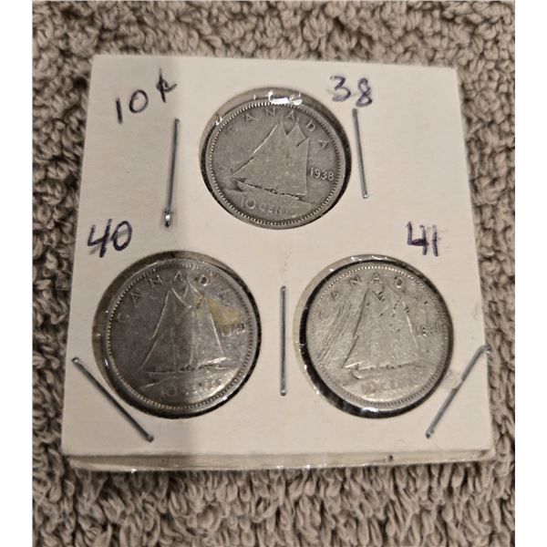 Lot of 3 Canada silver 10 cent coins. 1938, 1940 and 1941.