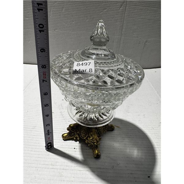 Vintage Ornate Brass and Crystal Lidded Footed Harvest Grape Fruit Bowl.