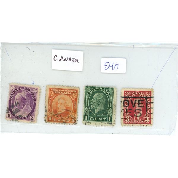 Lot of 4 old Stamps from Canada. Victoria, Sir John A. Macdonald, George V & George VI. Used.