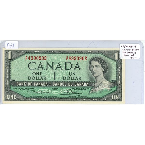1954 Modified Portrait $1. Lawson-Bouey signatures. X/F Prefix. BC-37d. Uncirculated.