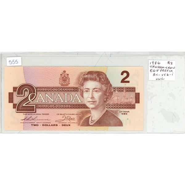 1986 $2. Thiessen-Crow signatures. EDJ Prefix. BC-55b-i. Uncirculated.