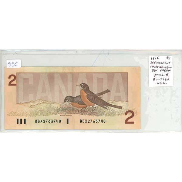 1986 $2 Replacement note. Thiessen-Crow signatures. BBX Prefix with Small B. BC-55bA. VF-20.